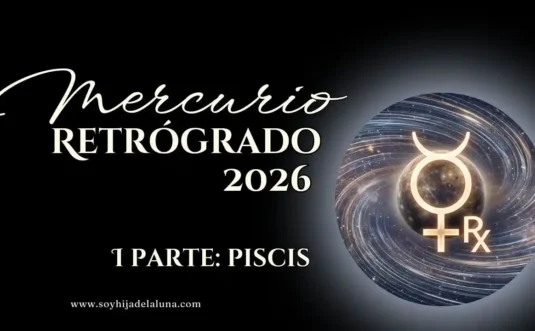 Gráfico astrológico con texto dorado "Mercurio retrógrado 2026 1 PARTE: PISCIS" sobre fondo negro, incluyendo símbolo de Mercurio RX y una galaxia espiral.