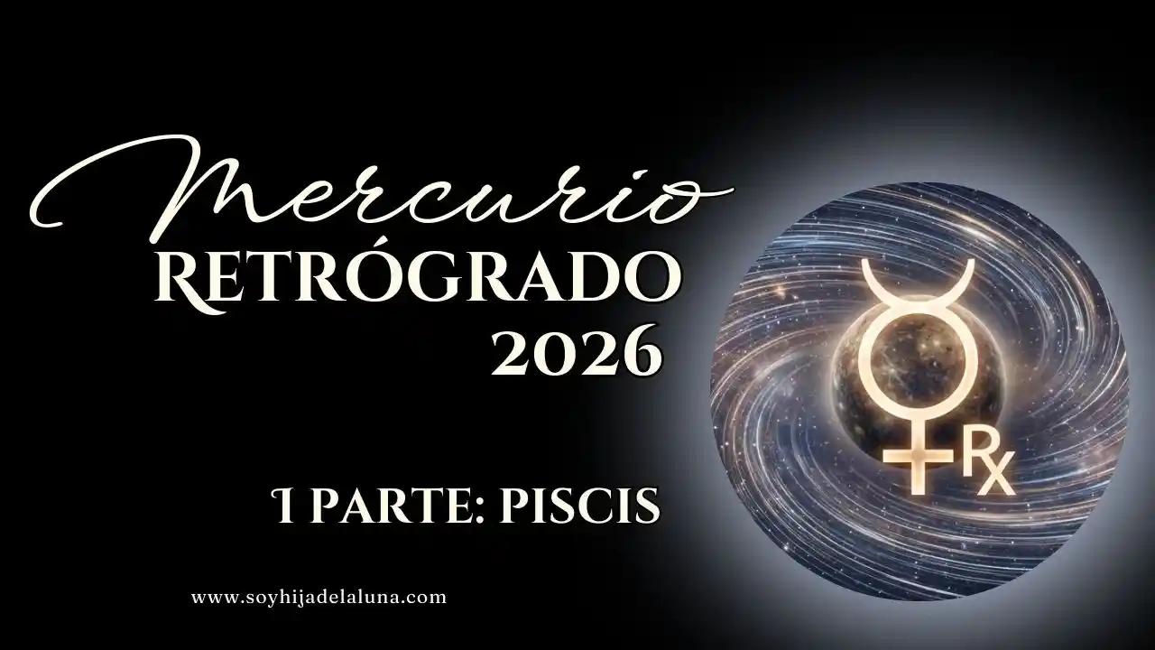 Gráfico astrológico con texto dorado "Mercurio retrógrado 2026 1 PARTE: PISCIS" sobre fondo negro, incluyendo símbolo de Mercurio RX y una galaxia espiral.