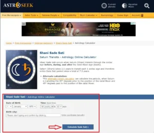 Formulario de la calculadora Shani Sade Sati en AstroSeek para ingresar fecha, hora y lugar de nacimiento